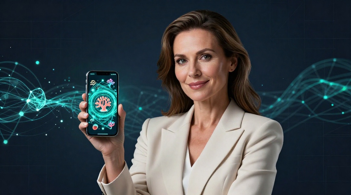 Уверенная женщина с смартфоном, отображающим абстрактную визуализацию сети TRON с энергоузлами и потоками данных — концепция энергии TRON и снижения комиссий