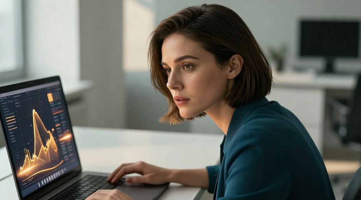 Красивая женщина анализирует данные SEO на ноутбуке в современном офисе