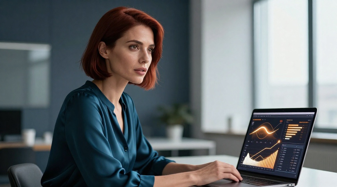 Привлекательная женщина с коротким каре анализирует данные SEO на ноутбуке в современном офисе, момент озарения и фокусировки