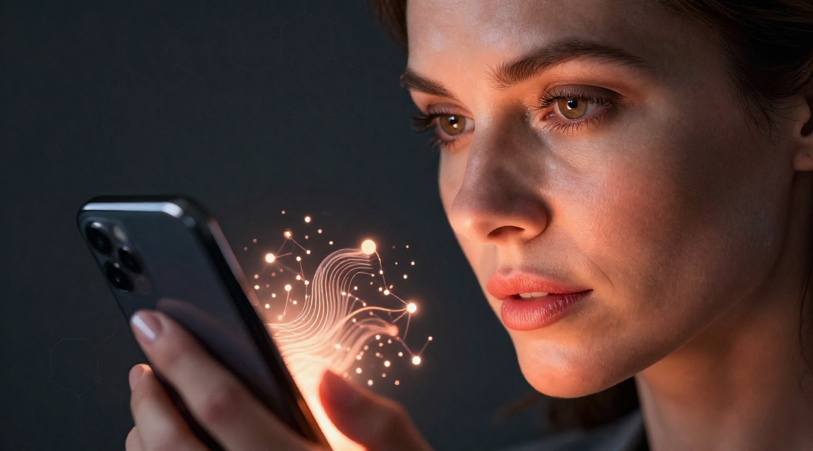 Элегантная женщина изучает TRON Energy на смартфоне, макросъемка с эффектами светящихся энергетических потоков блокчейна