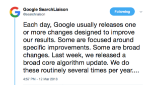 Еще в марте этого года Google подтвердил, что они «выпустили обновление основного алгоритма» в серьезном твите в своем аккаунте Google SearchLiasion в Twitter:
