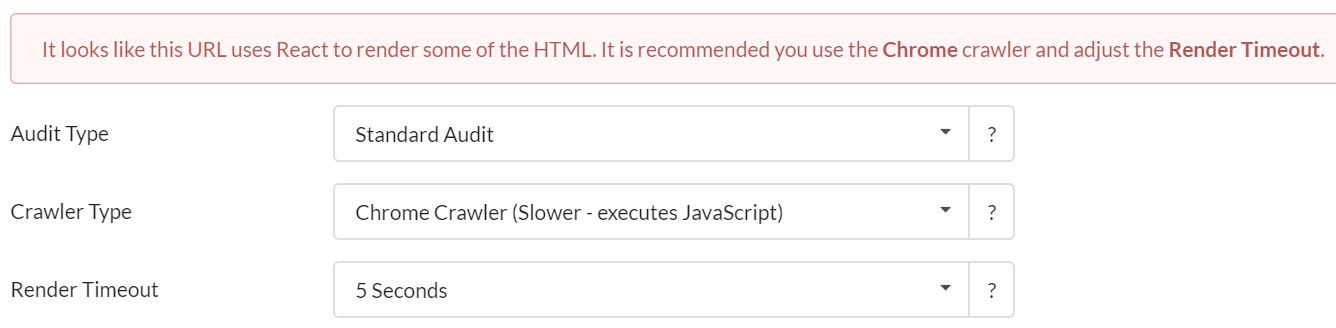 В некоторых случаях Sitebulb обнаружит, что сайт использует инфраструктуру JavaScript, и предупредит вас об использовании Chrome Crawler (и предварительно выберет его для вас, как на рисунке ниже)
