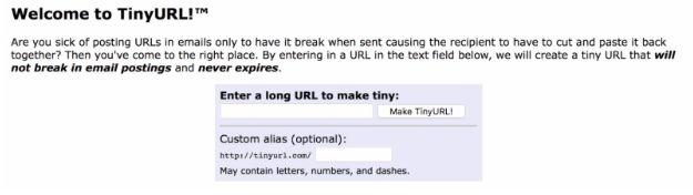Экран приветствия TinyURL